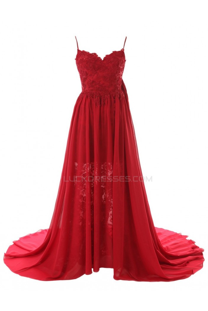 A-Line Spaghetti Strap Long Red Chiffon and Lace Prom Evening Formal Party Dresses ED010436