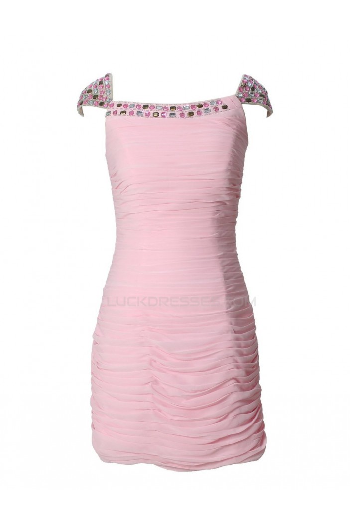 Cap Sleeve Beaded Pleated Short Pink Chiffon Prom Evening Formal Party Dresses ED010448