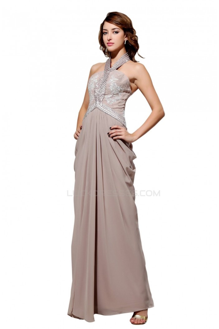 Sheath/Column Halter Beaded Long Chiffon Prom Evening Formal Party Dresses ED010449