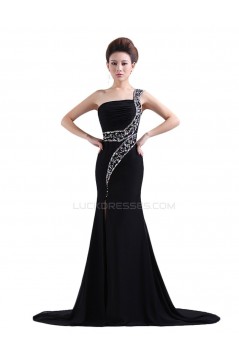 Trumpet/Mermaid One-Shoulder Beaded Long Black Chiffon Prom Evening Formal Party Dresses ED010469