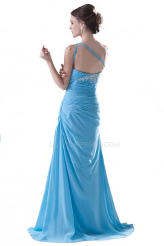 A-Line One-Shoulder Long Blue Pleated Chiffon Prom Evening Formal Party Dresses ED010497