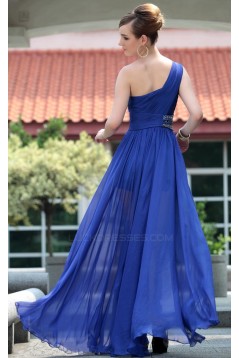 A-Line One-Shoulder Beaded Long Blue Chiffon Prom Evening Formal Party Dresses ED010515