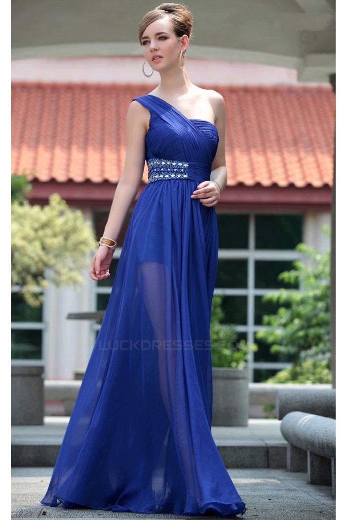 A-Line One-Shoulder Beaded Long Blue Chiffon Prom Evening Formal Party Dresses ED010515