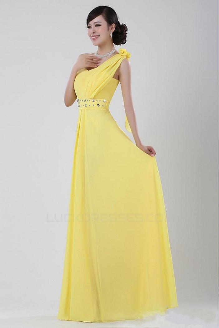 A-Line One-Shoulder Beaded Long Yellow Chiffon Prom Evening Formal Party Dresses ED010526