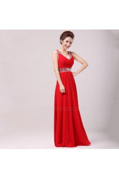 A-Line Beaded Long Red Chiffon Prom Evening Formal Party Dresses ED010529