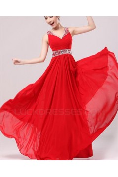 A-Line Beaded Long Red Chiffon Prom Evening Formal Party Dresses ED010529