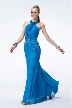 Trumpet/Mermaid Long Blue Chiffon Beaded Prom Evening Formal Party Dresses ED010538