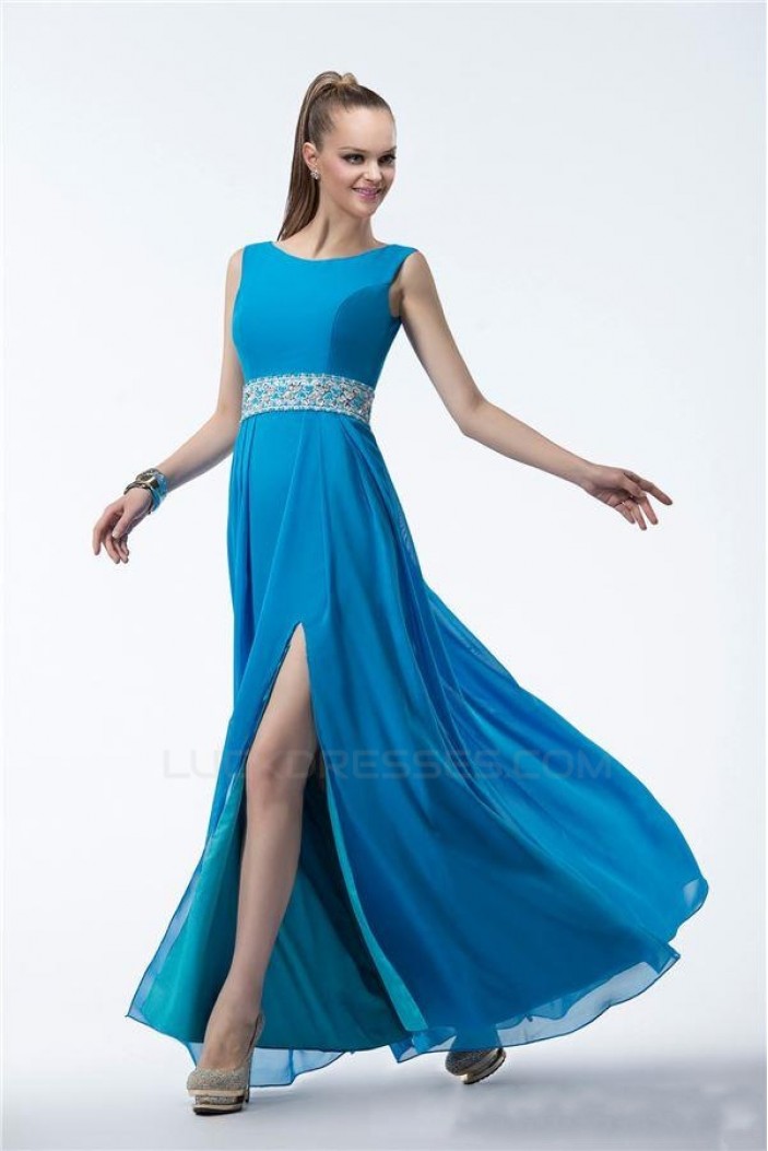 A-Line Beaded Long Blue Chiffon Prom Evening Formal Party Dresses ED010539