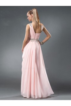 A-Line One-Shoulder Beaded Long Pink Chiffon Prom Evening Formal Party Dresses ED010543