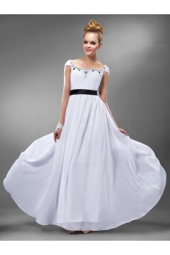 A-Line Cap Sleeve Beaded Long White Chiffon Prom Evening Formal Party Dresses ED010548