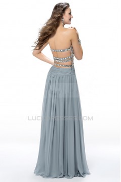 A-Line Strapless Beaded Long Grey Chiffon Prom Evening Formal Party Dresses ED010554