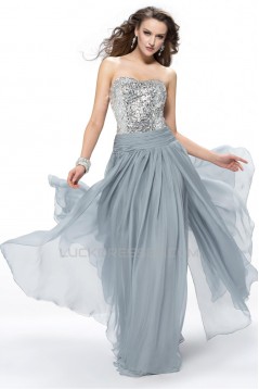 A-Line Strapless Beaded Long Grey Chiffon Prom Evening Formal Party Dresses ED010554