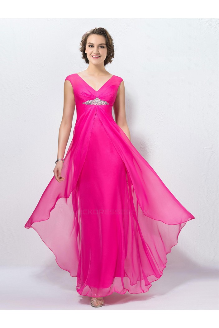 Sheath V-Neck Long Pink Beaded Chiffon Prom Evening Formal Party Dresses ED010574