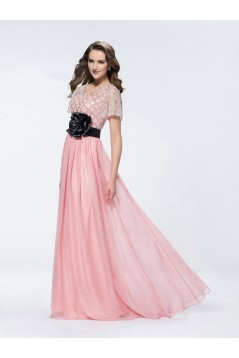 A-Line Short Sleeve Beaded Long Pink Prom Evening Formal Party Dresses ED010584