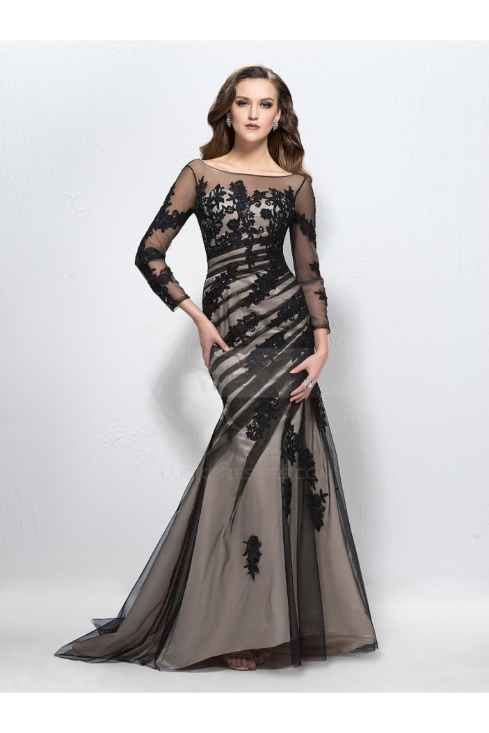 Vintage Appliques Trumpet Bateau Neck 3/4-Length Sleeves Long Prom Evening Formal Party Dresses ED010586