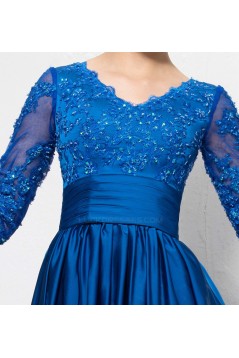 A-Line V-Neck Half Sleeve Lace Long Blue Prom Evening Formal Party Dresses ED010592
