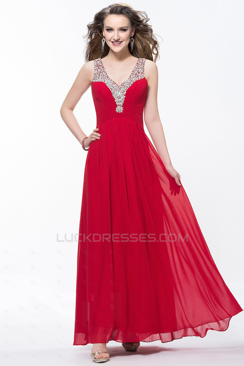 A-Line V-Neck Beaded Long Chiffon Prom Evening Formal Party Dresses ...
