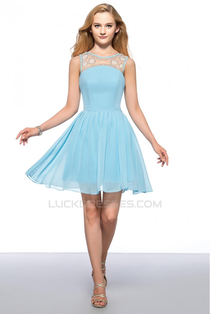 A-Line Short Bateau Blue Beaded Prom Evening Cocktail Homecoming Party Dresses ED010635