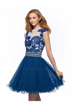 A-Line Short Blue Beaded Prom Evening Cocktail Homecoming Party Dresses ED010643