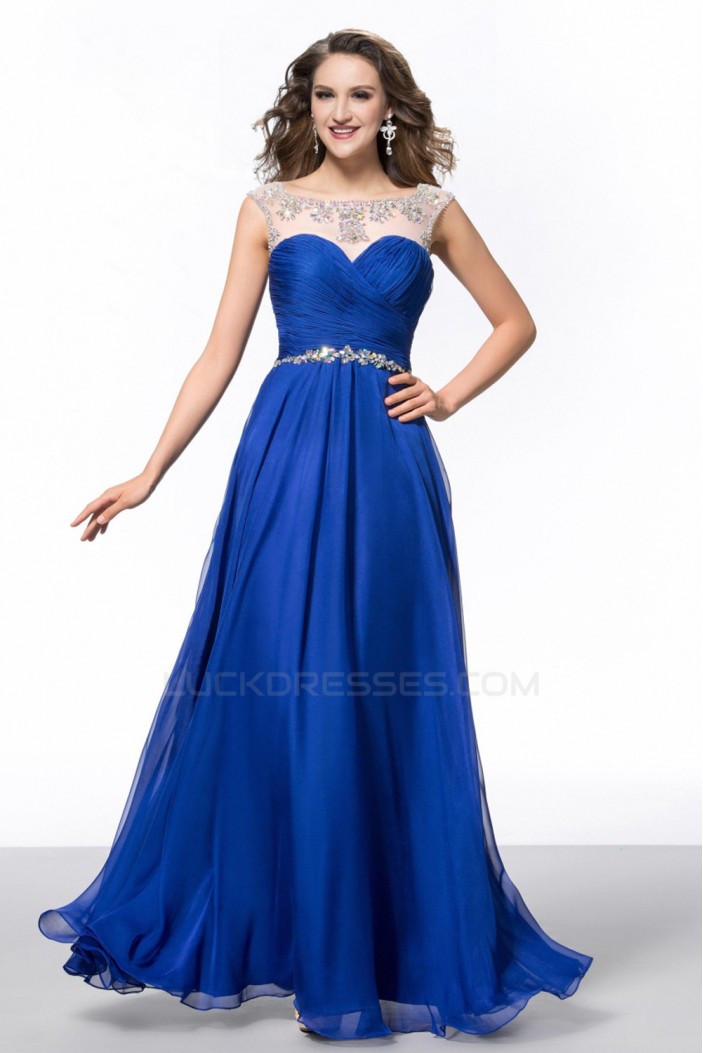 A-Line Bateau Beaded Long Blue Chiffon Prom Evening Formal Party Dresses ED010644