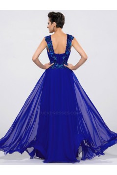 A-Line V-Neck Applique Long Blue Chiffon Prom Evening Formal Party Dresses ED010650