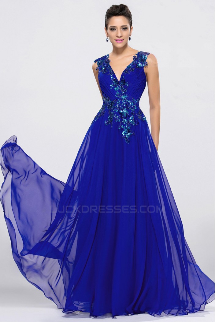 A-Line V-Neck Applique Long Blue Chiffon Prom Evening Formal Party Dresses ED010650