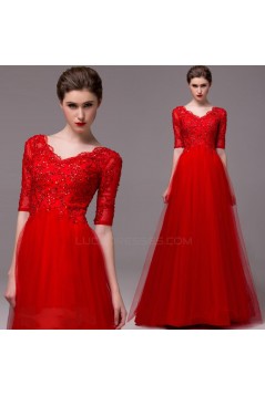 A-Line Half Sleeve V-Neck Beaded Long Red Prom Evening Formal Party Dresses ED010662