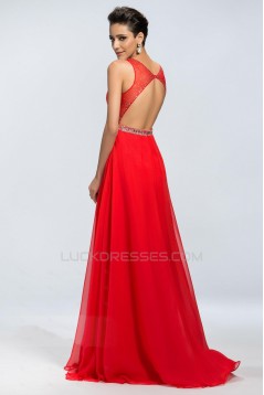 A-Line V-Neck Beaded Long Red Chiffon Prom Evening Formal Party Dresses ED010670