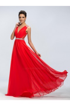 A-Line V-Neck Beaded Long Red Chiffon Prom Evening Formal Party Dresses ED010670