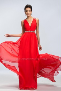 A-Line V-Neck Beaded Long Red Chiffon Prom Evening Formal Party Dresses ED010670