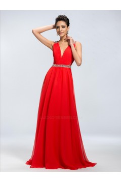 A-Line V-Neck Beaded Long Red Chiffon Prom Evening Formal Party Dresses ED010670