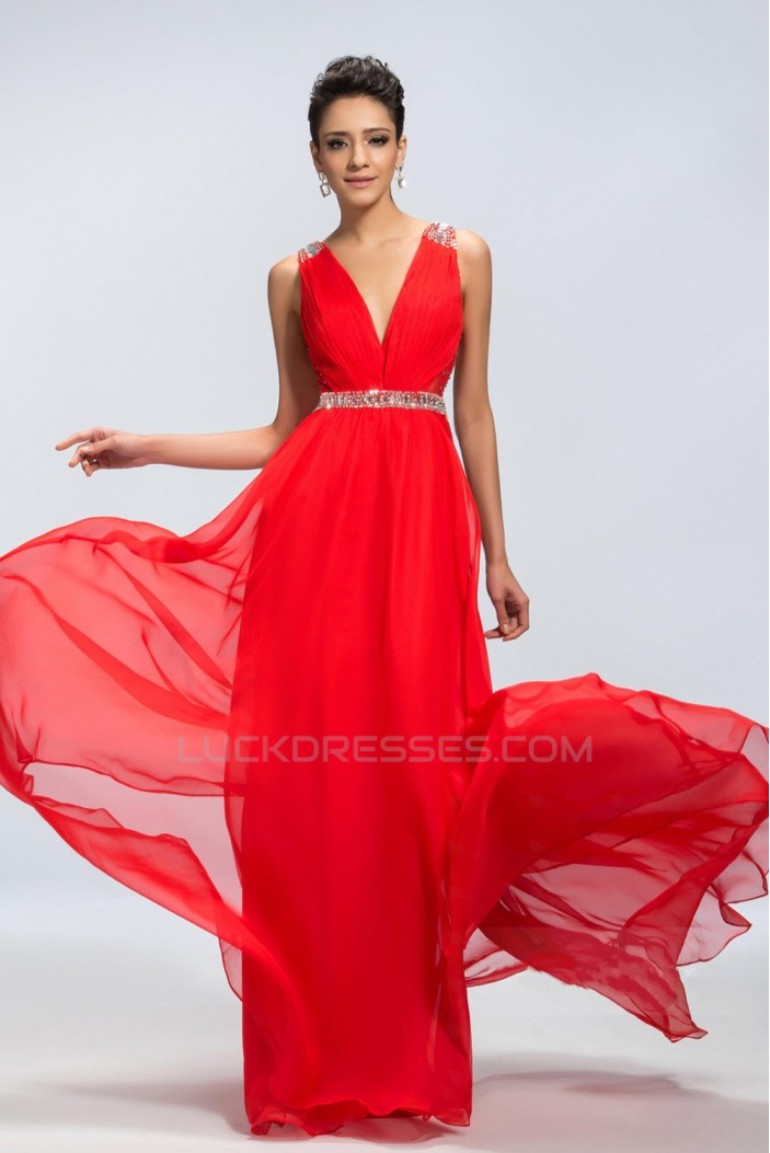 A-Line V-Neck Beaded Long Red Chiffon Prom Evening Formal Party Dresses ED010670