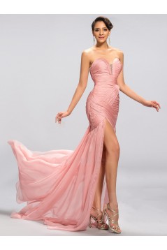 Sheath Sweetheart Split-Front Beaded Long Pink Chiffon Prom Evening Formal Party Dresses ED010686