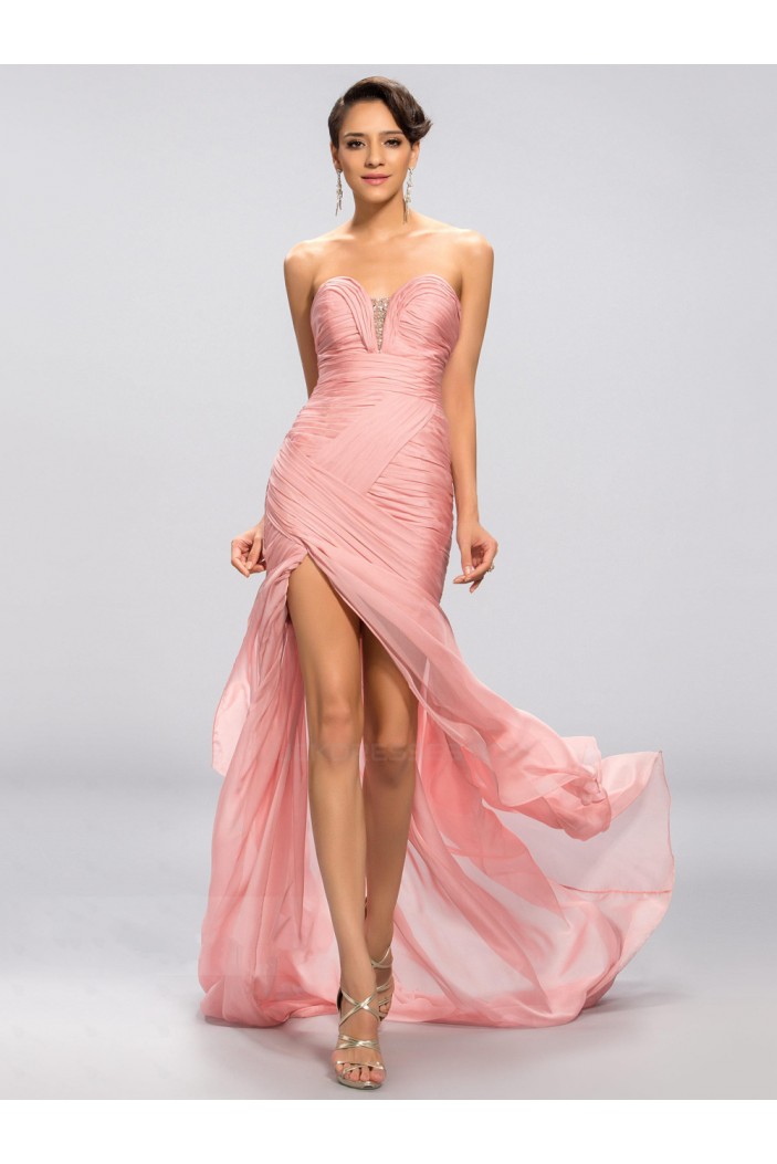 Sheath Sweetheart Split-Front Beaded Long Pink Chiffon Prom Evening Formal Party Dresses ED010686