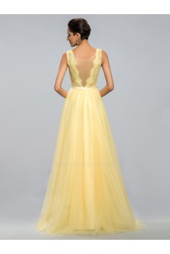 A-Line Bateau Long Yellow Lace and Chiffon Prom Evening Formal Party Dresses ED010688