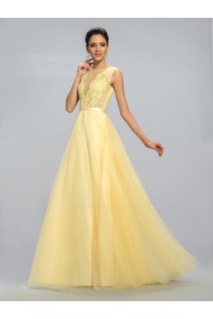 A-Line Bateau Long Yellow Lace and Chiffon Prom Evening Formal Party Dresses ED010688