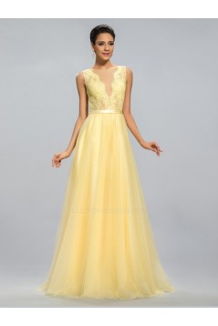 A-Line Bateau Long Yellow Lace and Chiffon Prom Evening Formal Party Dresses ED010688