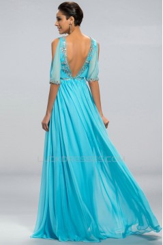 A-Line V-Neck Short Sleeve Beaded Long Blue Chiffon Prom Evening Formal Party Dresses ED010692