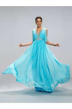 A-Line V-Neck Short Sleeve Beaded Long Blue Chiffon Prom Evening Formal Party Dresses ED010692