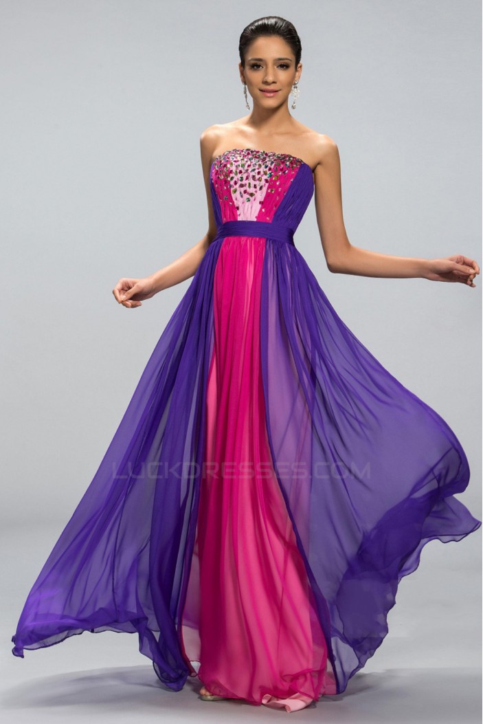 A-Line Strapless Beaded Long Chiffon Prom Evening Formal Party Dresses ED010693