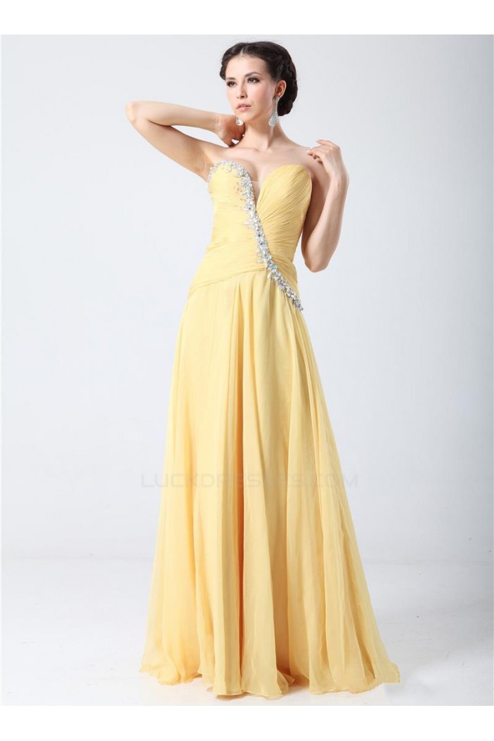 A-Line Sweetheart Beaded Long Yellow Chiffon Prom Evening Formal Party Dresses ED010706