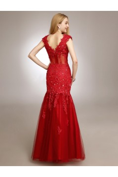 Trumpet/Mermaid V-Neck Long Red Beaded Applique Prom Evening Formal Party Dresses ED010719