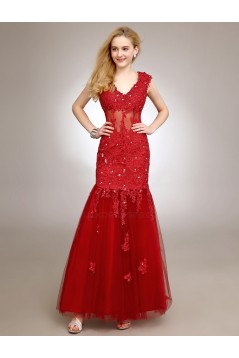 Trumpet/Mermaid V-Neck Long Red Beaded Applique Prom Evening Formal Party Dresses ED010719