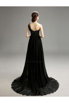 A-Line One-Shoulder Beaded Long Black Chiffon Prom Evening Formal Party Dresses ED010721