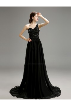 A-Line One-Shoulder Beaded Long Black Chiffon Prom Evening Formal Party Dresses ED010721