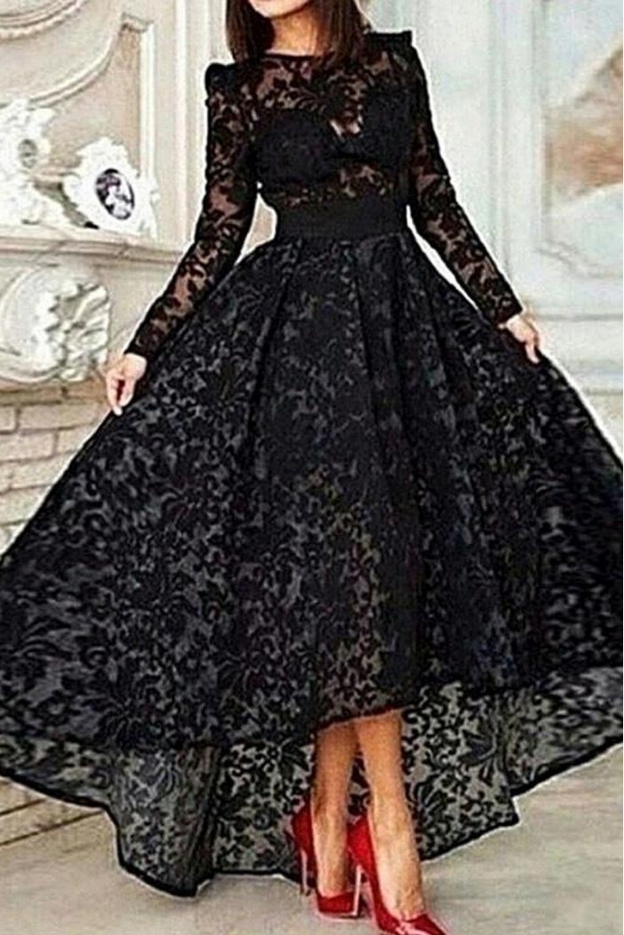 Vinatge Long Sleeve Asymmetrical Black Lace Evening Dress ED010725