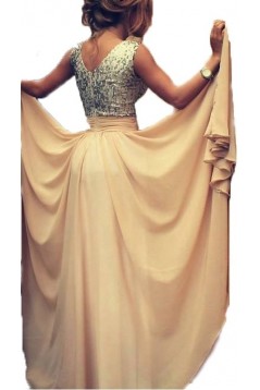 A-Line V-Neck Sequins Chiffon Long Prom Evening Party Dresses ED010726