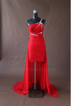 High Low One-Shoulder Beaded Red Chiffon Prom Evening Formal Party Dresses ED010770