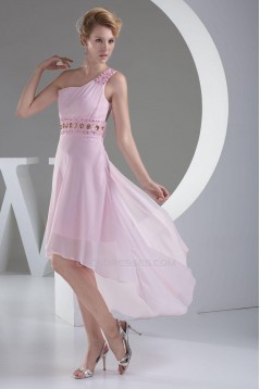 High Low One-Shoulder Beaded Pink Chiffon Prom Evening Dresses ED010788