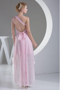 High Low One-Shoulder Beaded Pink Chiffon Prom Evening Dresses ED010788